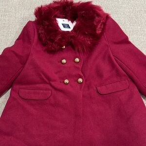 Red Double-Breasted Coat with Faux Fur Collar